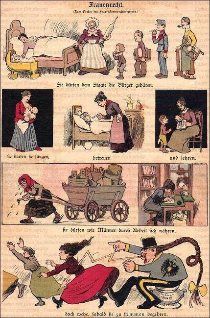 Die Karikatur kritisiert, dass Frauen alles dürfen - außer Wählen